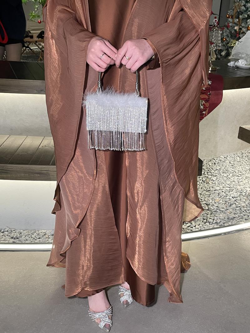 Product Introduction of #LY06  Ramadan Promotion Three-piece Elegant butterfly organza abaya set, shimmer abaya set with inner dress and hijab 9
