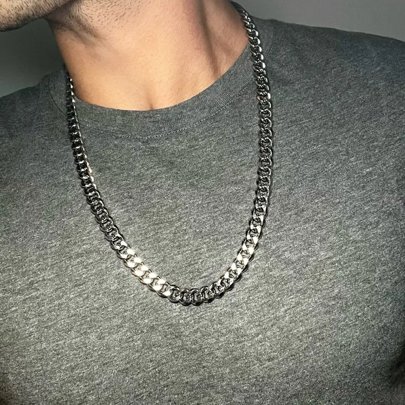 Thick and Heavy Silver Miami Cuban Chain Necklace, 18”-24”, 45cm-60cm Length, 9mm Thickness, Stainless Steel 18 inch boys curb big layering chunky 2