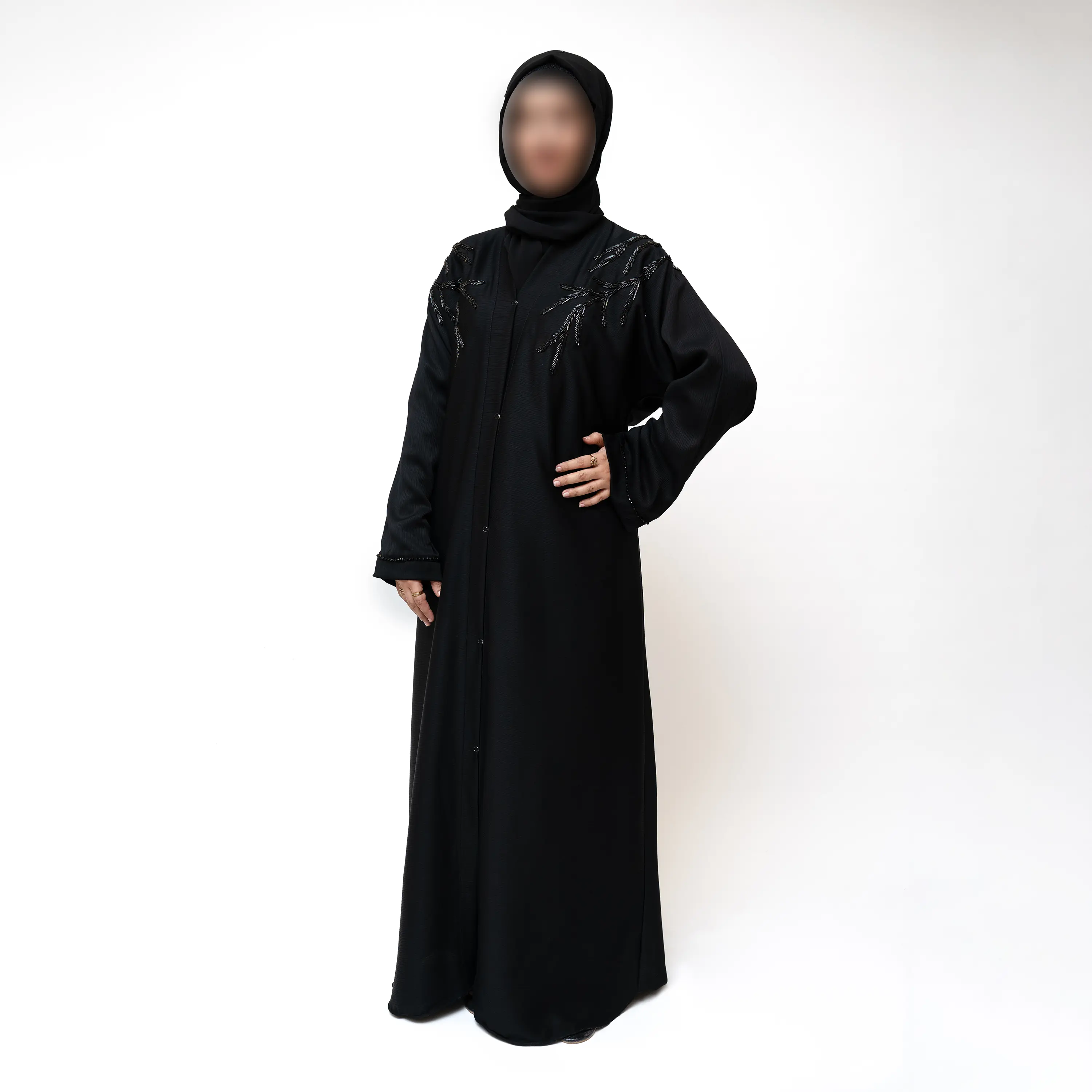 Elegant Black Embroidered Abaya | Beaded Embellishment, Traditional & Fashionable Design for Elegant Evening Wear & Formal Occasions, Wedding, Eid & Ramadan in Dubai