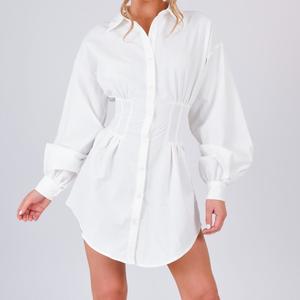 Waist Detail Button Front Shirt Dress White Casual Long Sleeve Collared Womenswear