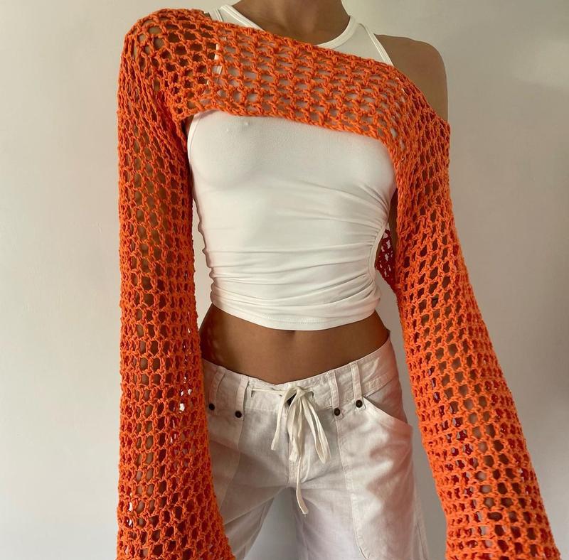 Product Introduction of Women Big Fishnet Long Sleeve Cropped Sweaters Summer Fashion Lady O-Neck Flare Sleeve Hollow Out Short Knitted Pullovers Knitwear Womenswear 2