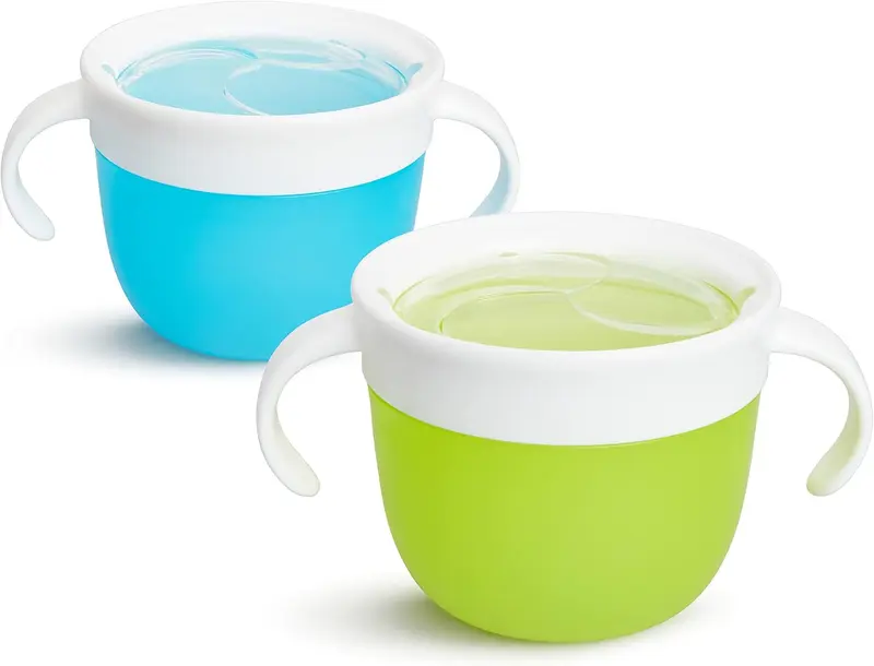 2 Piece Snack Catchers| Toddler Snack Box & Baby Weaning Pot| Snack Holder & Food Storage Containers| BPA Free Toddler Snack Pot| Kids Small Snack Pot Tub with Handles|No Spill - Blue/Green 0