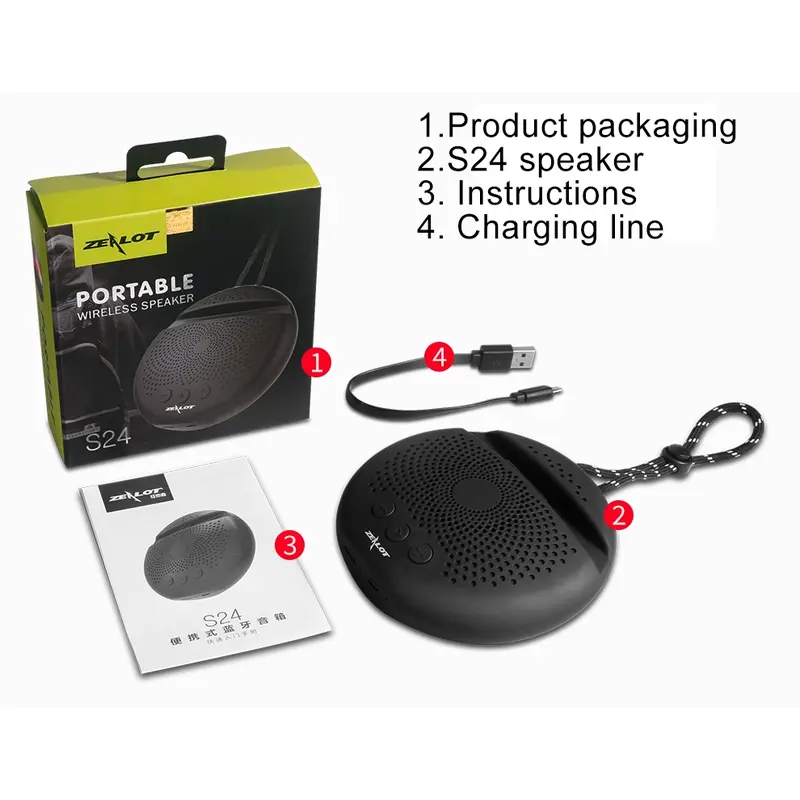 Zealot S24 Portable Stereo Mini Wireless Bluetooth 5.0 Speaker  IPX5 Waterproof Built-in Microphone with Lanyard  with TF Micro SD Card Slot (TF SD card not included) With Built-in HD Microphone 2000mAh Huge Battery! 7