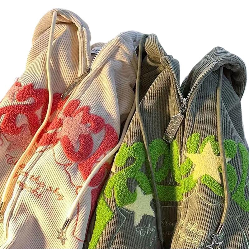 Product Introduction of Y2k Zip Up Hoodie Women Retro Embroidered Letter Loose Long Sleeve Tops 2025 Casual Hooded Sweatshirts Harajuku Jackets coat 9