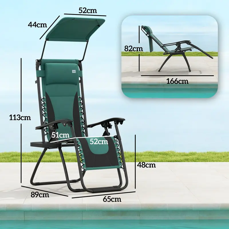 Outsunny Zero Gravity Lounger Chair, Folding Reclining Patio Chair with Shade Cover, Padded Seat, Cup Holder, Soft Cushion and Headrest for Poolside, Camping, Green 2