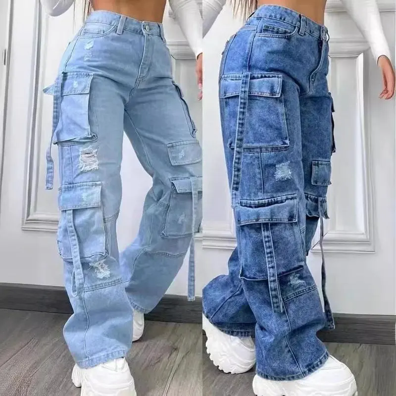 Women 2025 new fashionable solid color versatile Large size high waist multi-pocket casual pants denim
