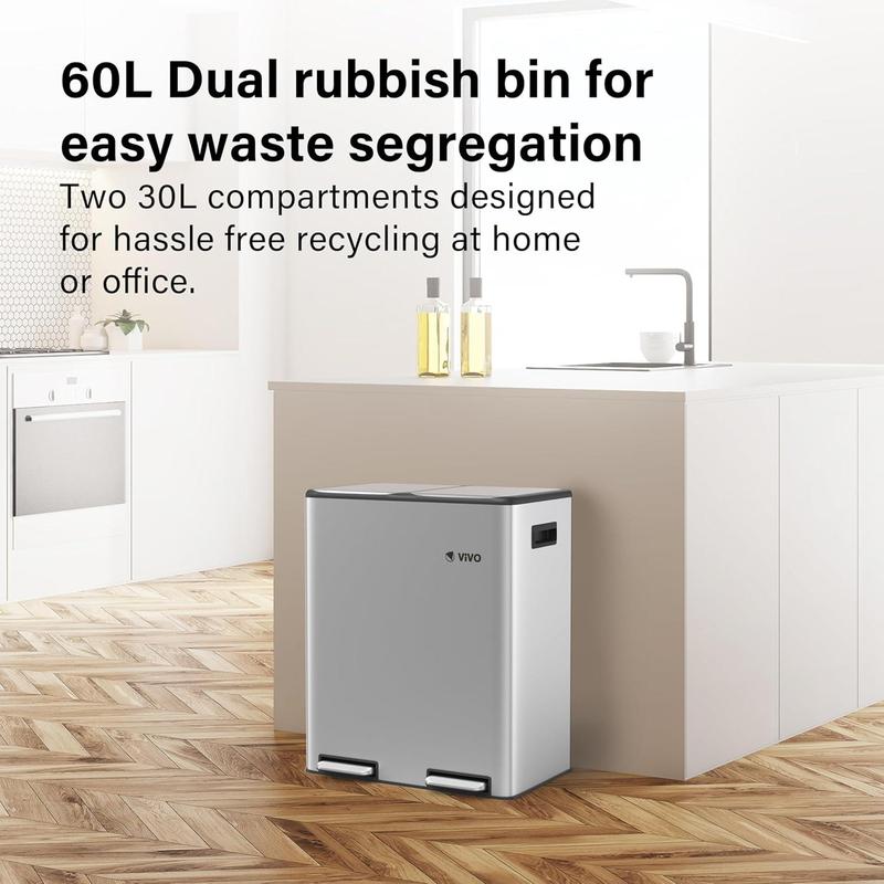 60L Dual Stainless Steel Double Bucket Trash Recycling Rubbish Pedal Bin Bags 1