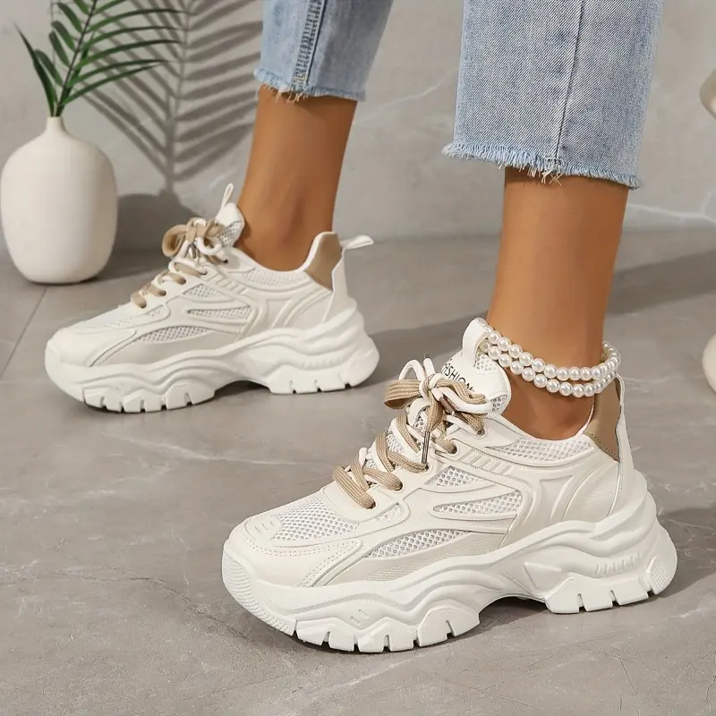 Women's Lightweight Chunky Sneakers - Casual Height-Boosting, Waterproof, All-Season Low-Top Lace-Up Shoes in Beige & White with Breathable Mesh Upper and Rubber Sole 1