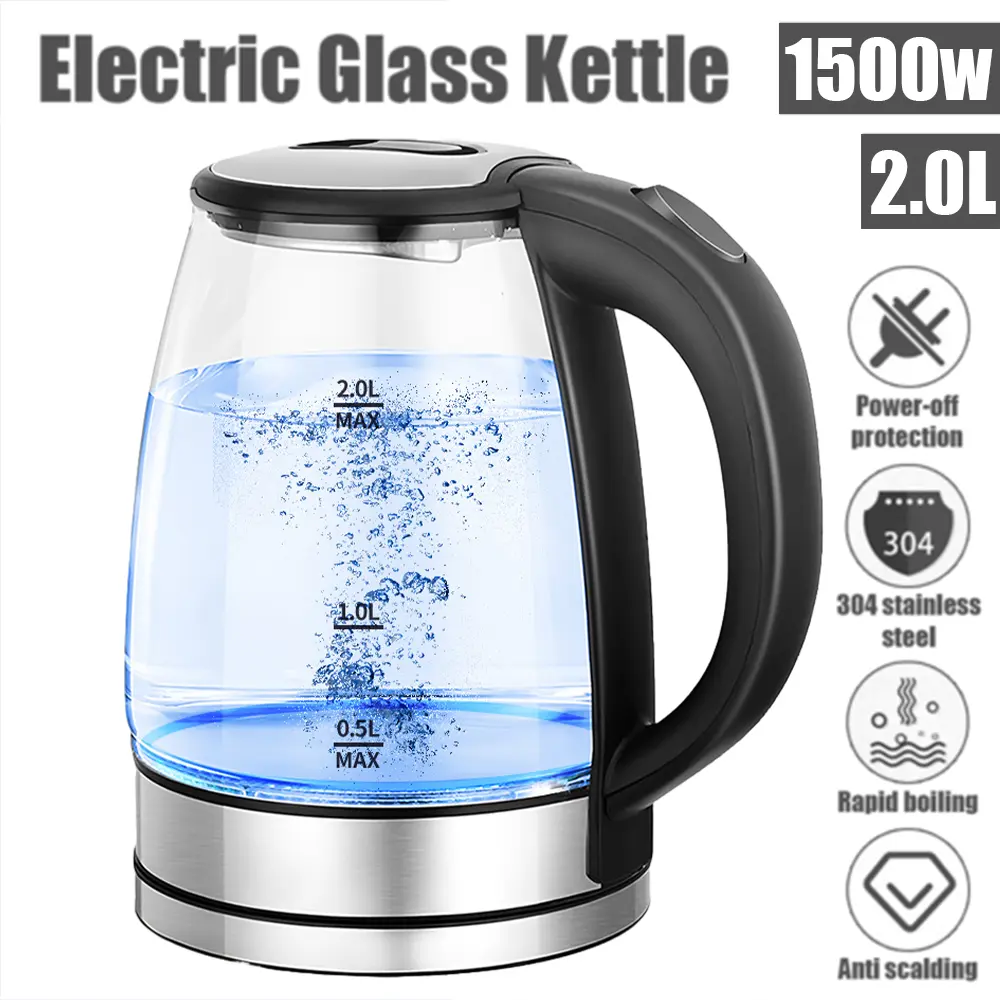 1500W 2L Electric Kettle Glass with Blue LED Light and Auto Shut-Off, Stainless Steel Filter and Boil-Dry Protection, BPA Free, Black