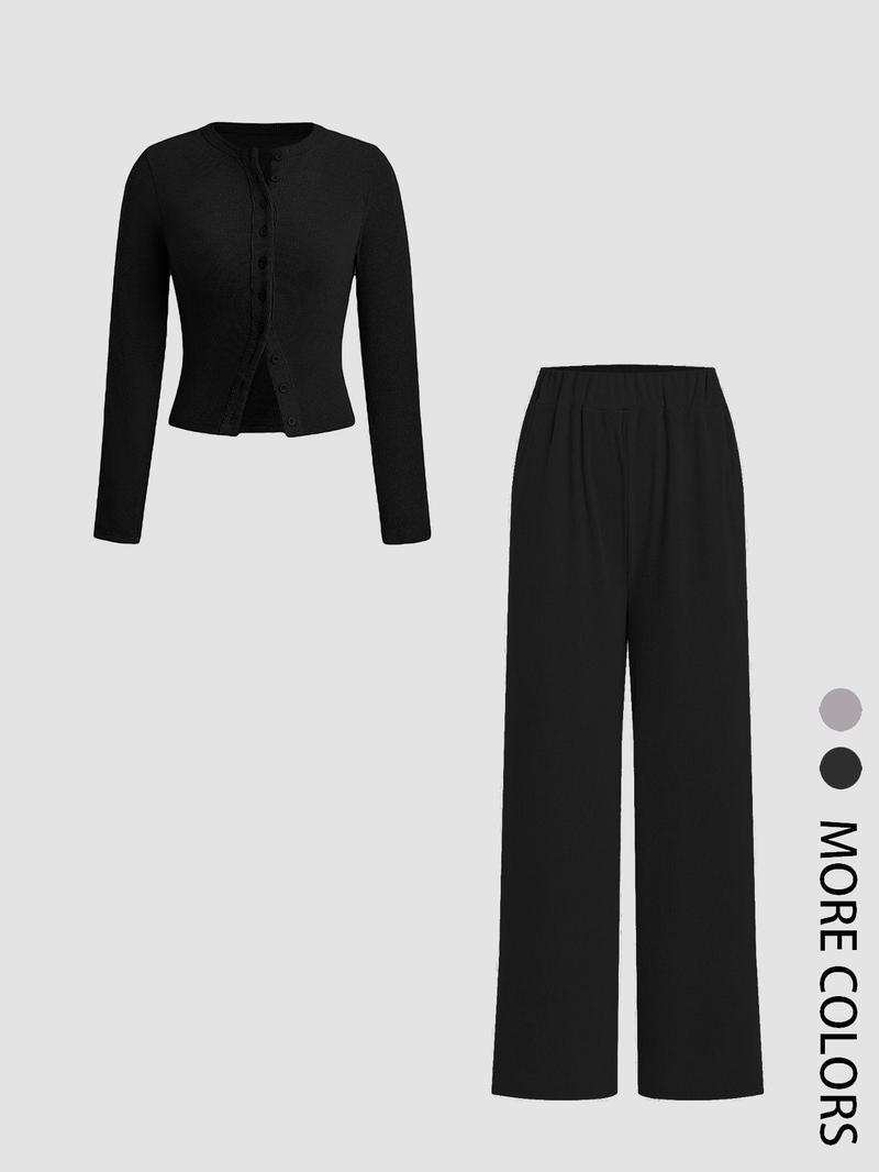 Product Introduction of Two-piece Set Women's Solid Button Front Ribbed Crop Top & Elastic Waist Pants, Casual Long Sleeve Round Neck Top & Trousers 2 Piece Set for Spring & Fall, Women's Clothes for Daily Wear, Sassyandclassyclothing 8