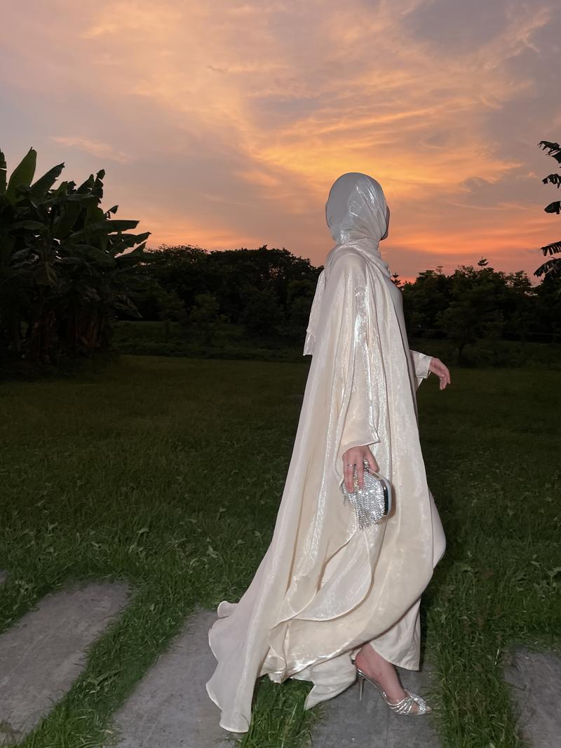 Product Introduction of #LY06  Ramadan Promotion Three-piece Elegant butterfly organza abaya set, shimmer abaya set with inner dress and hijab 1