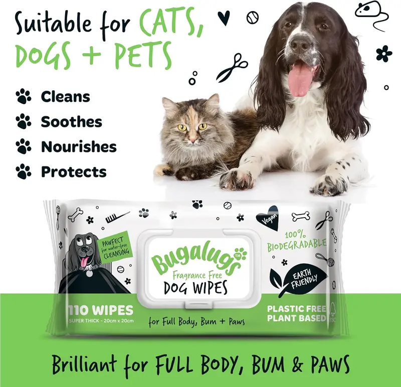 BUGALUGS Dog Wipes, 100% Plastic Free Biodegradable pet wipes for full body, eye wipes, ear wipes, bum & paws. 110 sensitive dog grooming wipes for dogs, puppy & cat grooming (Fragrance Free) 1