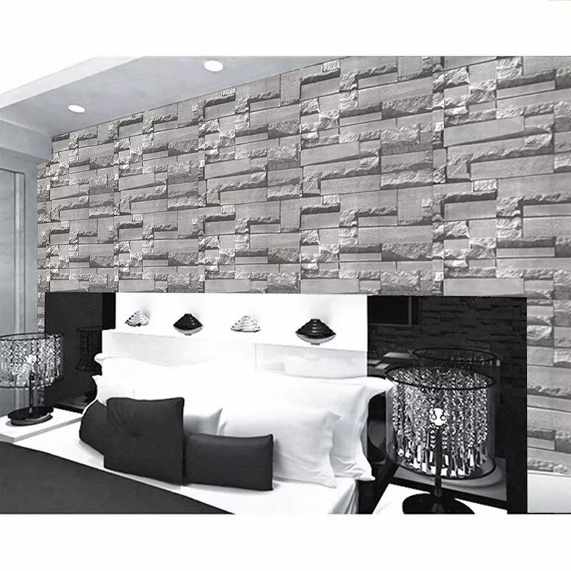 3D Effect Grey Brick Wallpaper Wall Shimmer Tones Effect Faux Metallic Feature 8