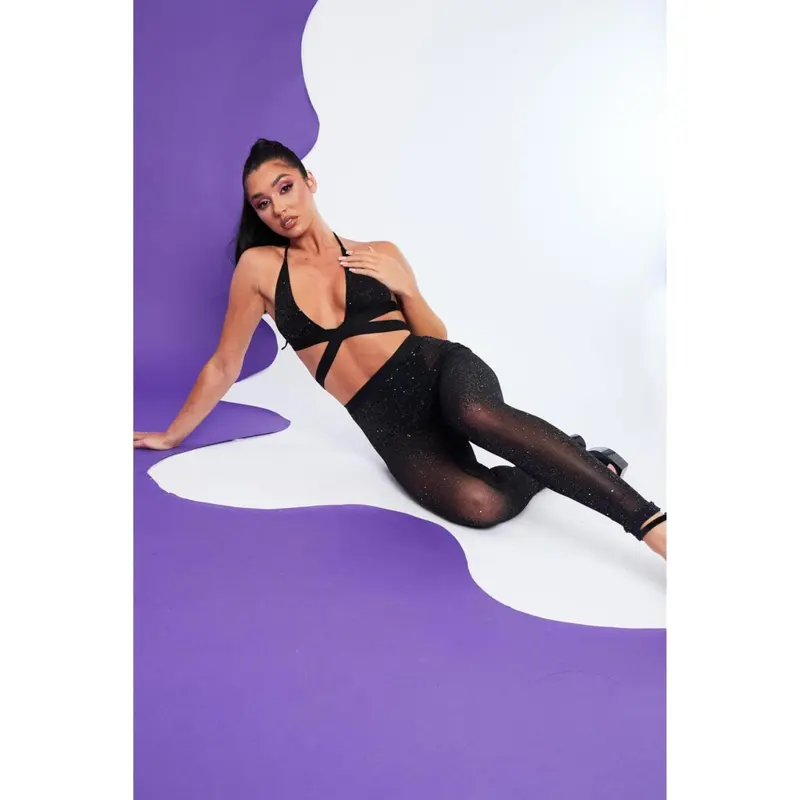 Black Halter Neck Glitter Crop Top & Leggings Set - Skye 1