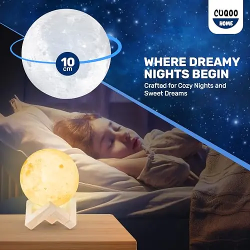 CUQOO 3D Moon Shaped Night Light with Elegant Wooden Stand Realistic White Light with Touch Control & USB Charging Rechargeable 3D Printed Bedside Beautiful Full Moon Table Lamp Universal Decorative Night Light for Bedroom Living Room, Indoor Lighting 2