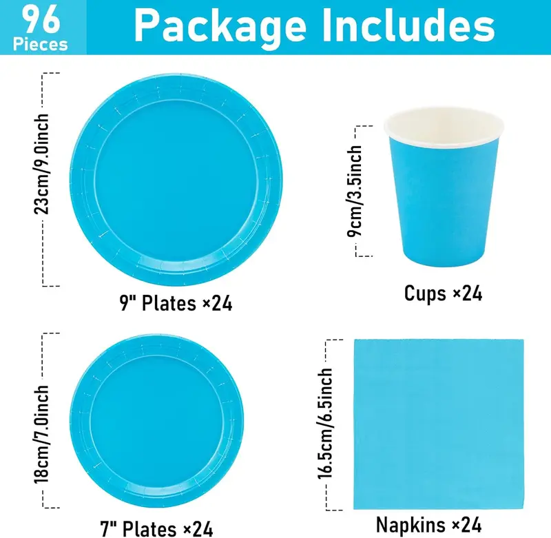 96 Pcs Blue Tableware Set, Paper Plates Cups and Napkins, Disposable Dinnerware Party Supplies for Graduation Holiday Wedding Birthday Party Baby Shower Decorations Serve 24 Guests 1