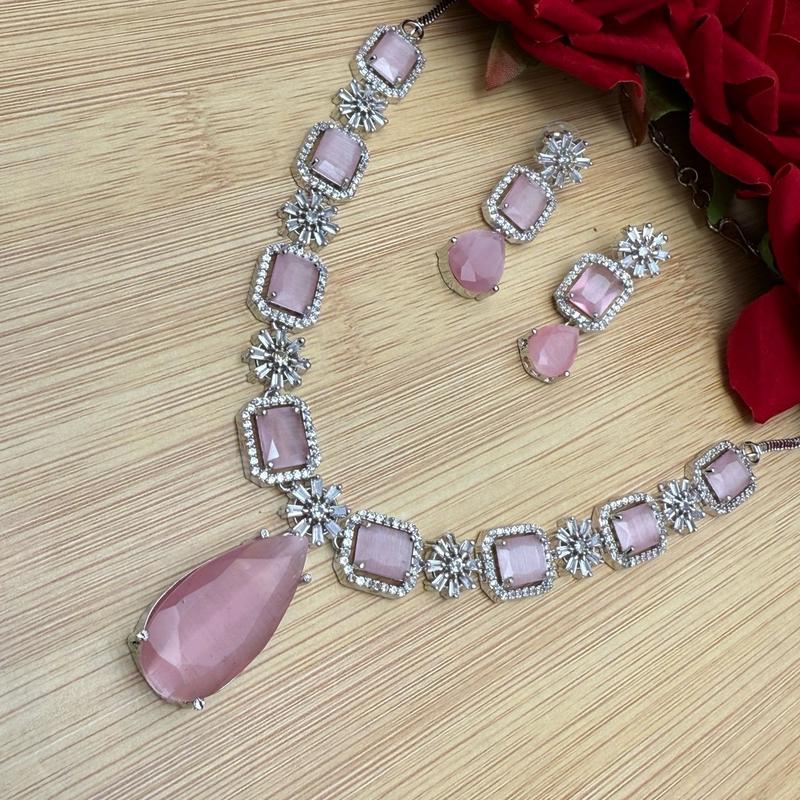 AD121 Baby Pink White Stone American Diamond Necklace Earrings Set Pendant Style 2