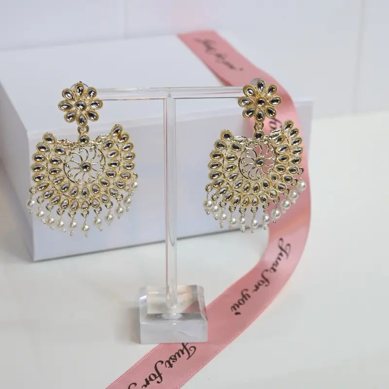 White Indian Earrings with Gold Kundan Pearl Chaandbali and Jhumka Design 5