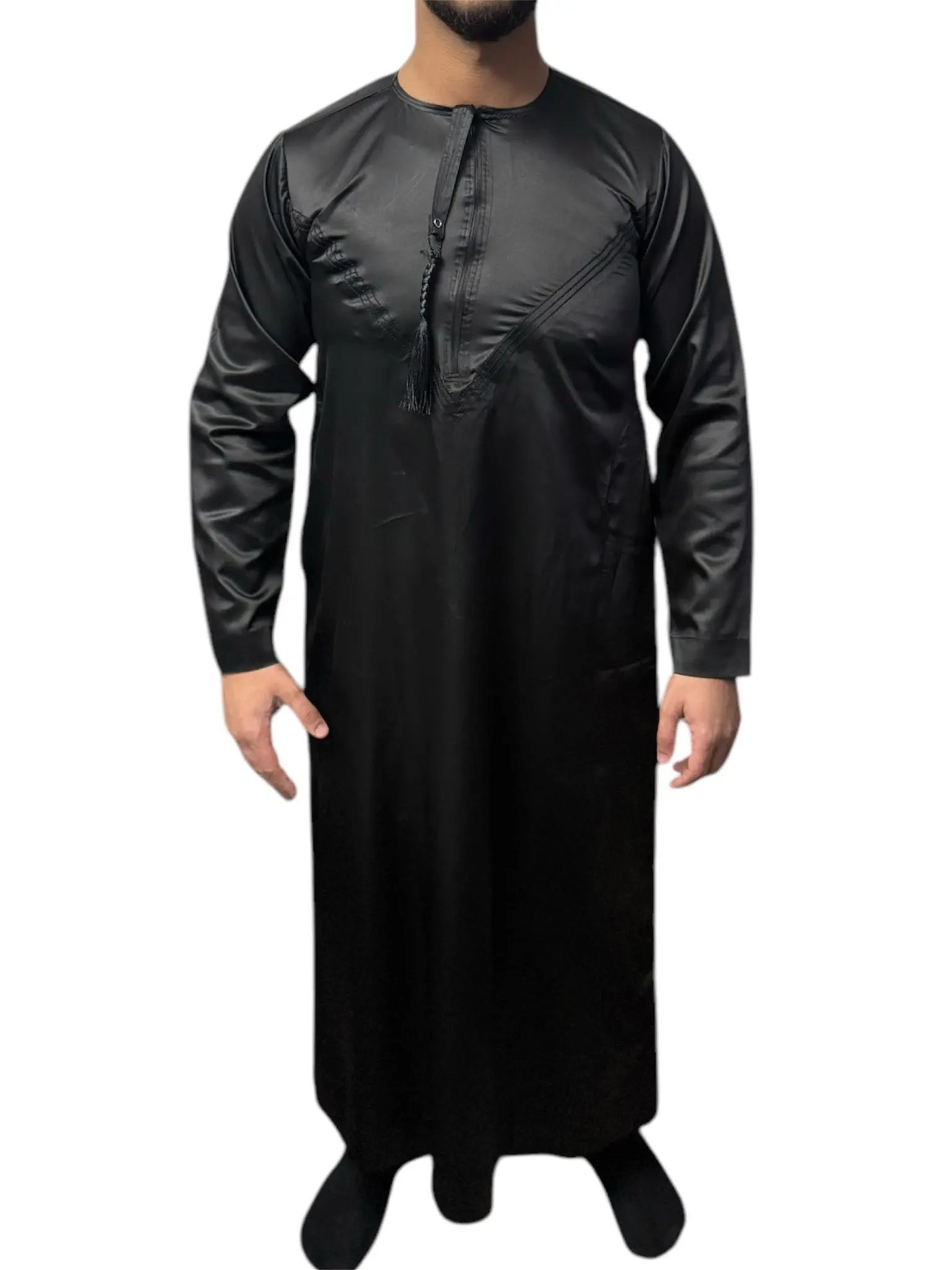 Premium Men's Shiny Black Zip Top Thobe - Regular Fit