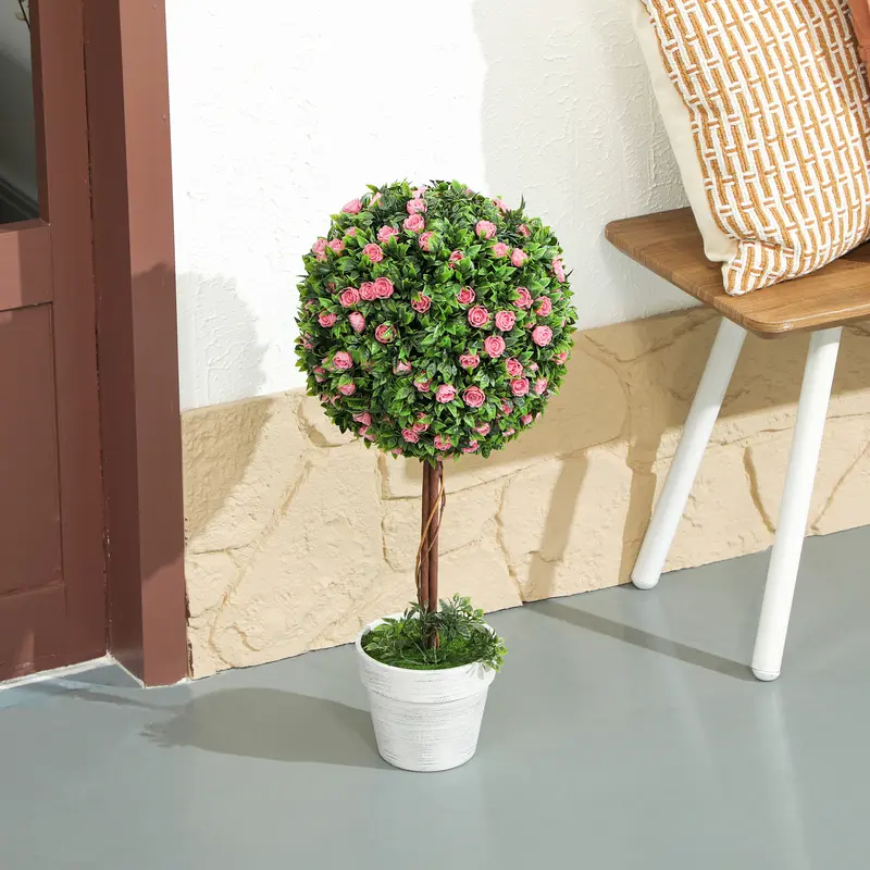 HOMCOM Set of 2 Decorative Artificial Plants, Ball Topiary Tree with Rose Flower in Pot, Fake Plants for Home Indoor Outdoor Decor, 60cm 7