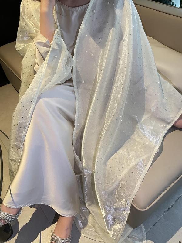#LY02 Ramadan Promotion Shiny pearl organza abaya, two pieces set with satin inner dress classic abaya 3