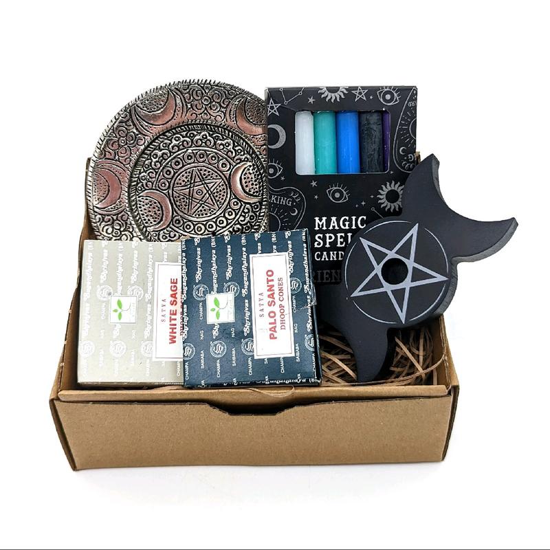 Pentagram, Incense Magic Spell Gift Set - Triple Moon Pentagram Candle Holder, White Sage Incense Cones, Palo Santo Incense Cones, Metal Pentagram Incense Dish, Magic Spell Candles 0