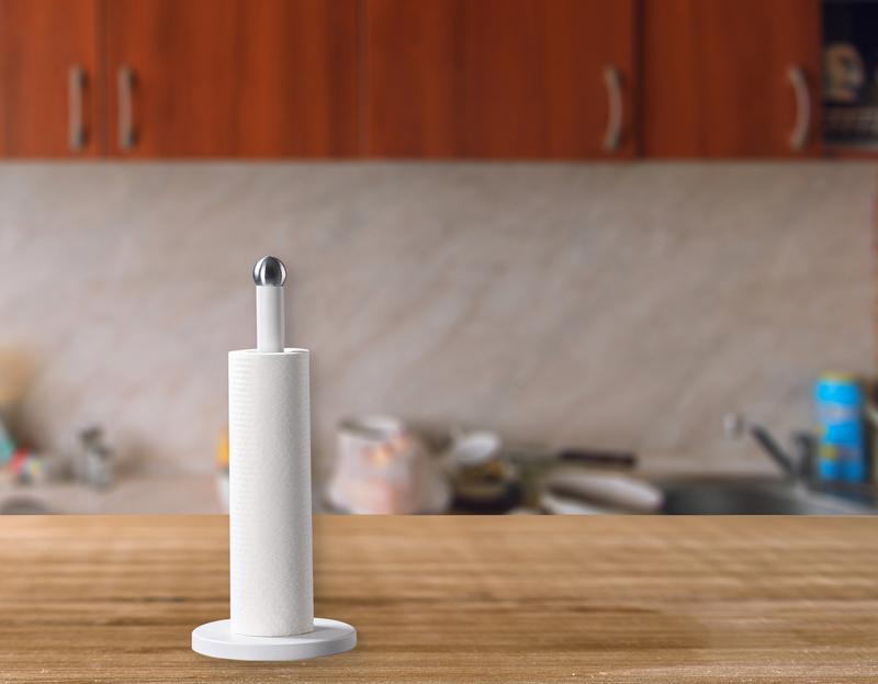 White Kitchen Paper Towel Holder - Free Standing, Stable Base, Stainless Steel - Modern Round Design 4