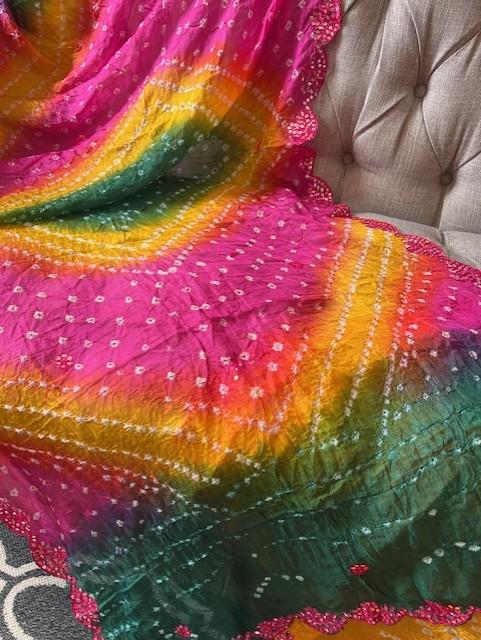 Multicoloured BANO print dupatta chunni scarf fancy. Available in 3 designs. Crushed Silk touch material. Approx L235cmxW90cm 6