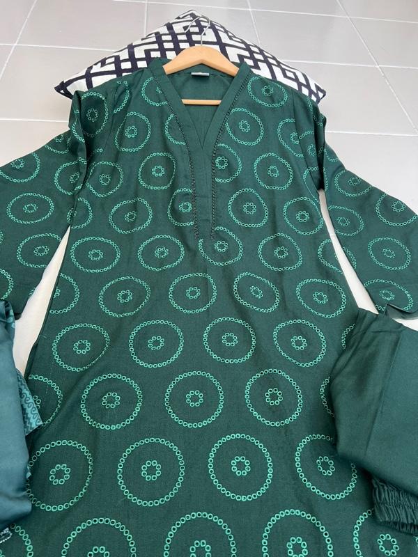 Product Introduction of 3 pc dhanak fabric Chickenkari long shirt suit with dupatta , organza detailing on daman and sleeves Womenswear 1