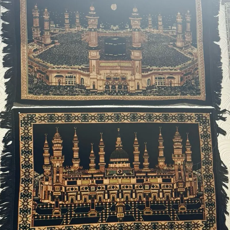 Premium Quality Turkish Islamic Wall Art Rug - Beautiful Makkah and Madina Portraits - Home Decor 43x27 inches In Size. Also Drop Down Fancy Surah 2