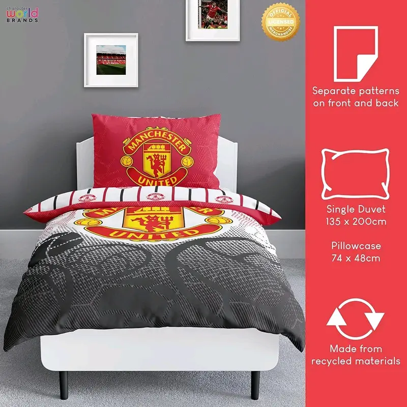 Manchester FC Character World  Single Duvet Cover Set, Crest Design | Red Reversible 2 Sided Football Bedding Cover Official Merchandise Including Matching Pillow Case 2