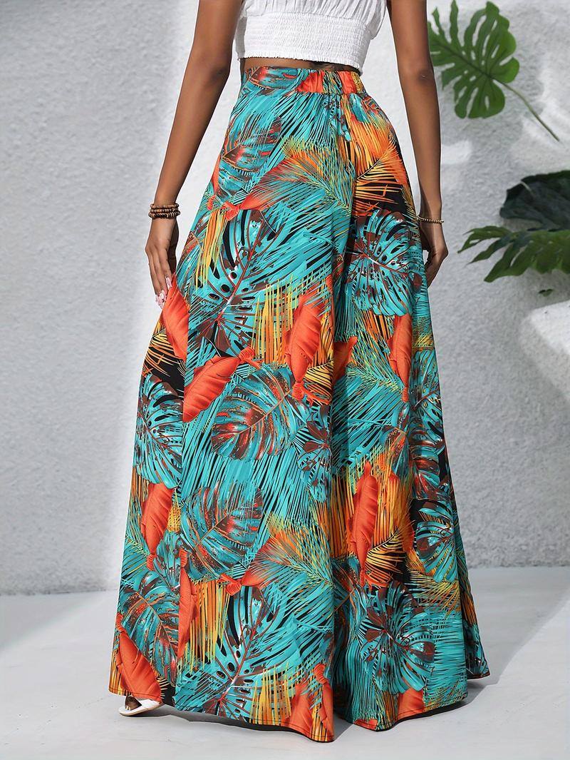 Product Introduction of Women'S Bohemian Floral Print Chiffon Wide-Leg Pants - High Waist, Elastic Waistband, Long Beach Trousers for Summer Vacation, Casual Elegant Style 6