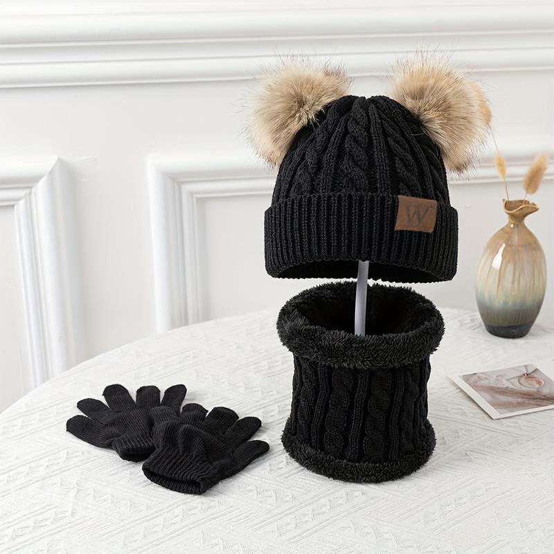 A set of Youngsters's autumn and winter three-piece set of cold-proof and warm suits including double ball knitted hat, scarf, gloves, fashionable and versatile brimless hat suitable for outdoor camping, hiking, and skiing 2