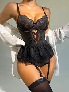 Contrast Lace Garter Underwire Lingerie Set Underwear  Sexy super  sexy