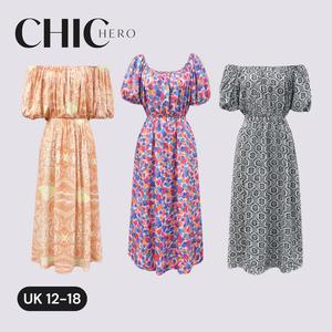 (Clearance sale) ChicHero Bardot Vintage Style Casual Sleeves Comfort Maxi Dress Floral Elegant Womenswear Piece Print Summer Fitted Bohemian