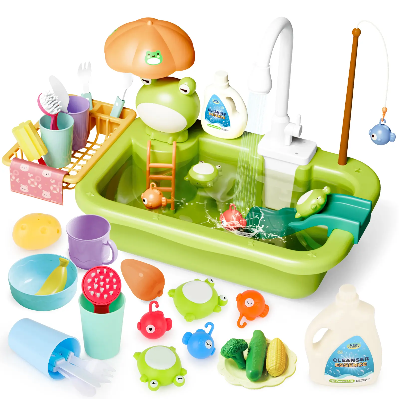 deAO Kitchen Toy Set Simulated Kitchen Frog Duck Sink with Water Supply Function, Simulated Dishwashing Set with Faucet, Children's Role Playing Toy with Accessories, Green.