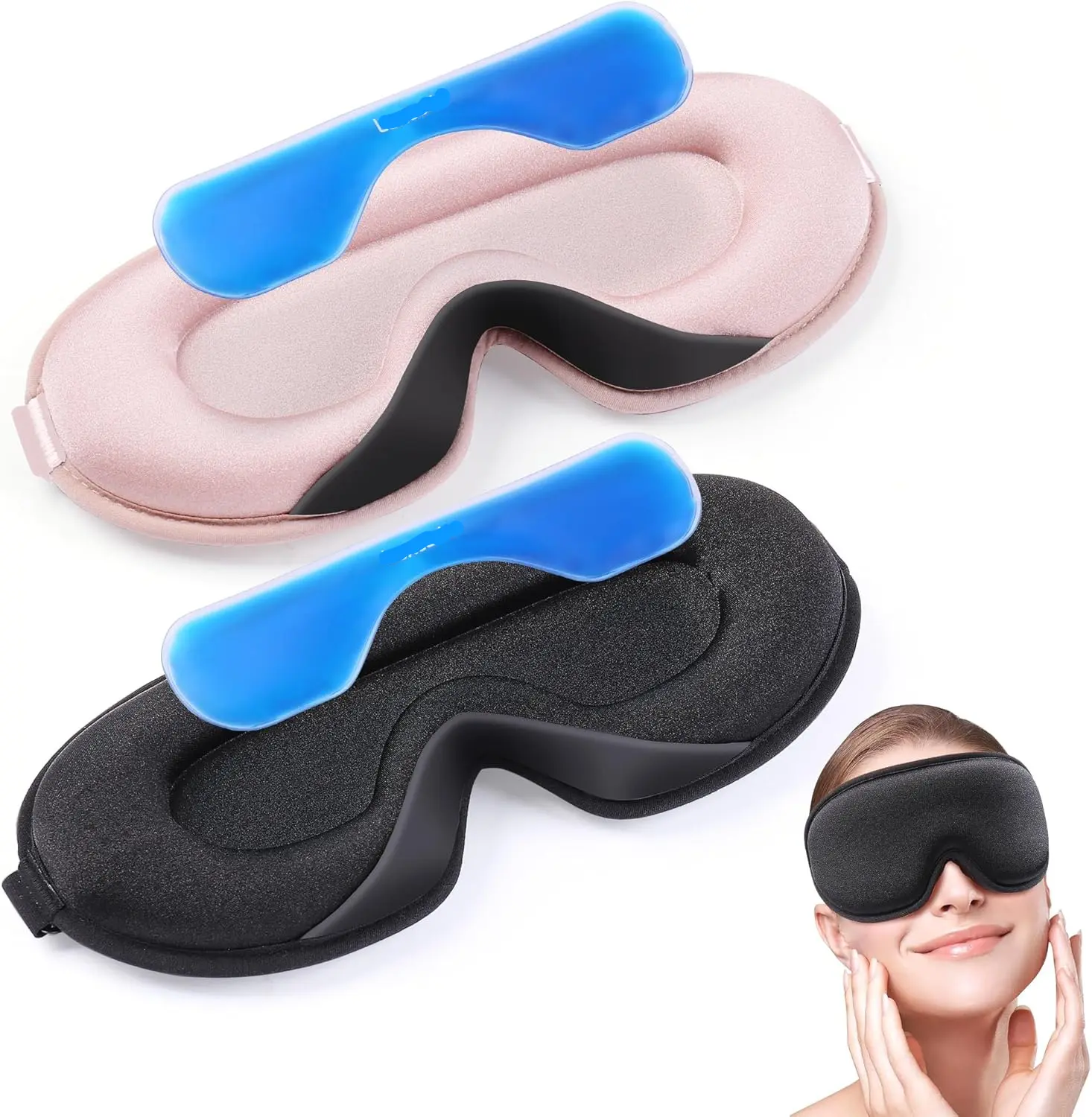 2Pack Cooling Eye Mask and Hot Cold Gel Ice Pack for Dry Eyes/Dark, Night Sleep Mask Block Out Light, Blindfold Eye Shade Cover for Women Men Travel Lightweight