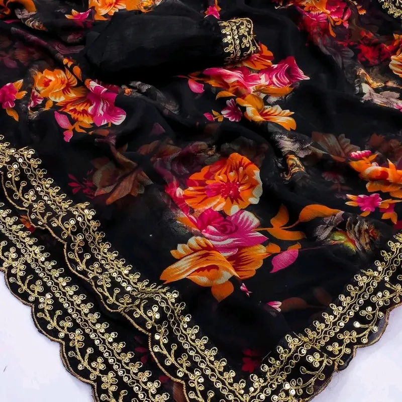Georgette chiffon with flower print saree with ready blouse size 44" 2