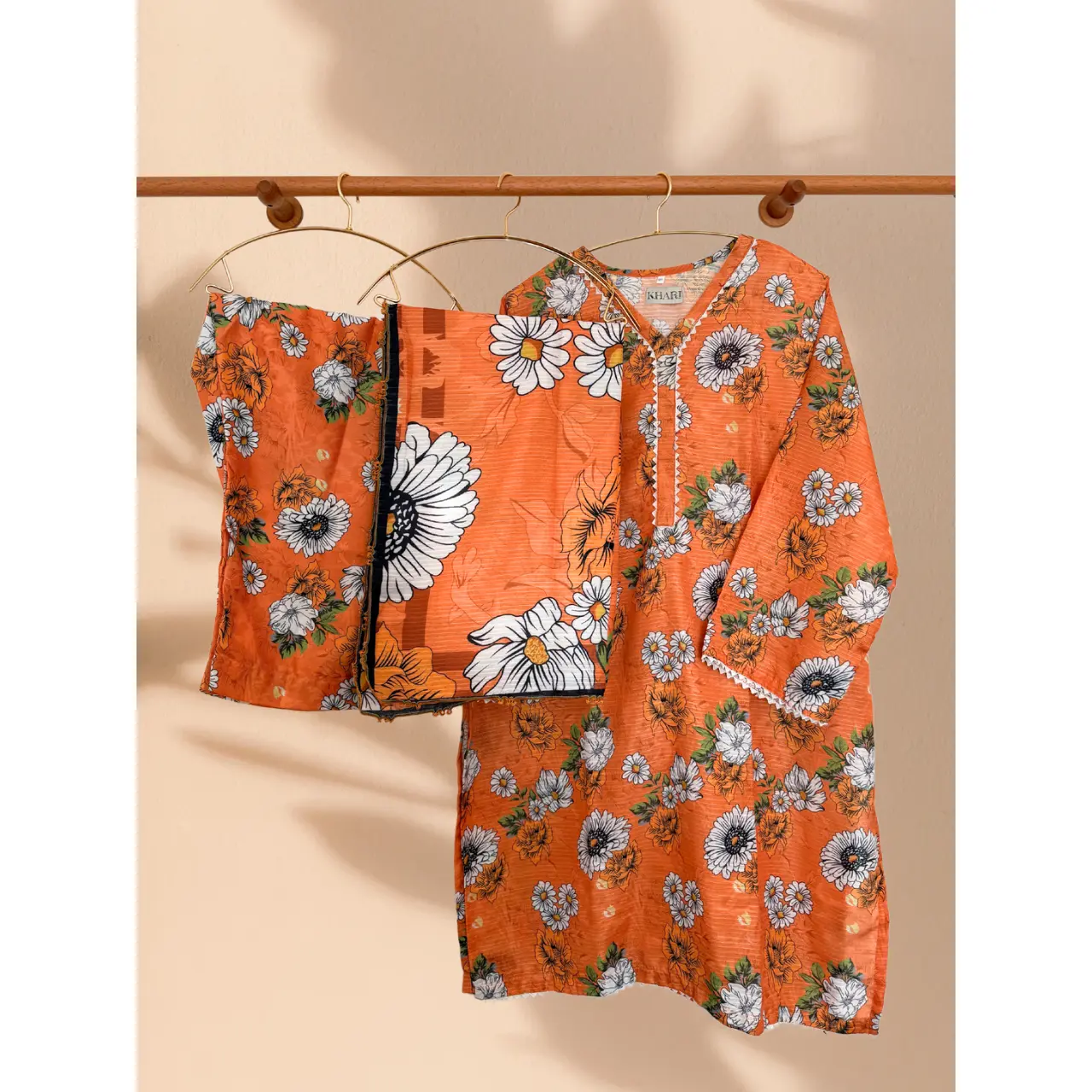 Farasha Inspired Orange 3 Piece Plus Size Readymade Suit Elegant Fabric