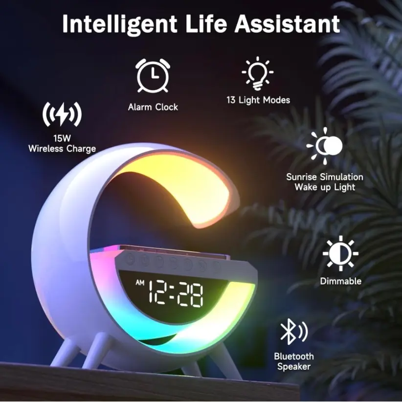 Lamp with 15W Wireless Charger Led Alarm Clock Dimmable Ambient Light - White.