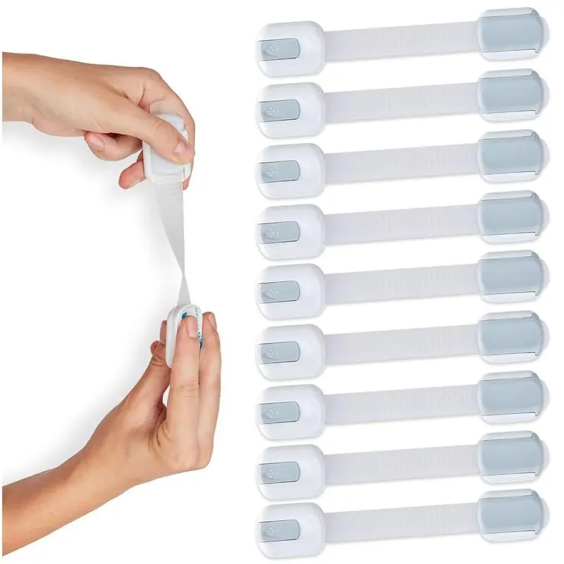 Child Safety Strap Locks (4-Pack) Baby Locks for Cabinets and Drawers, Toilet, Fridge&amp; More.3M Adhesive Pads.Easy Installation.(White/Gray) 8