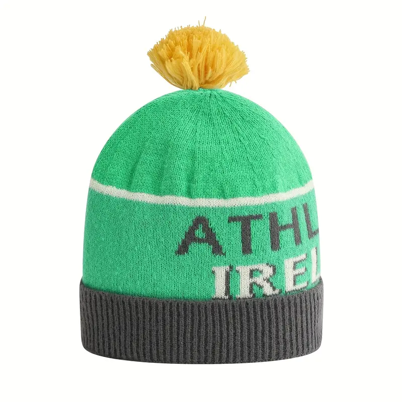 Women's Winter Knitted Beanie with Pom Pom - 100% Polyester, Elastic, Lightweight Athletic Ireland Design Cap, Fleece Lined Warm Furry Hat 0