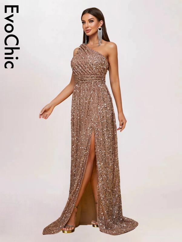 EvoChic UK Women’s Sequin A-Line Dress with Thigh Split for Formal Occasions - Casual, Womenswear 5