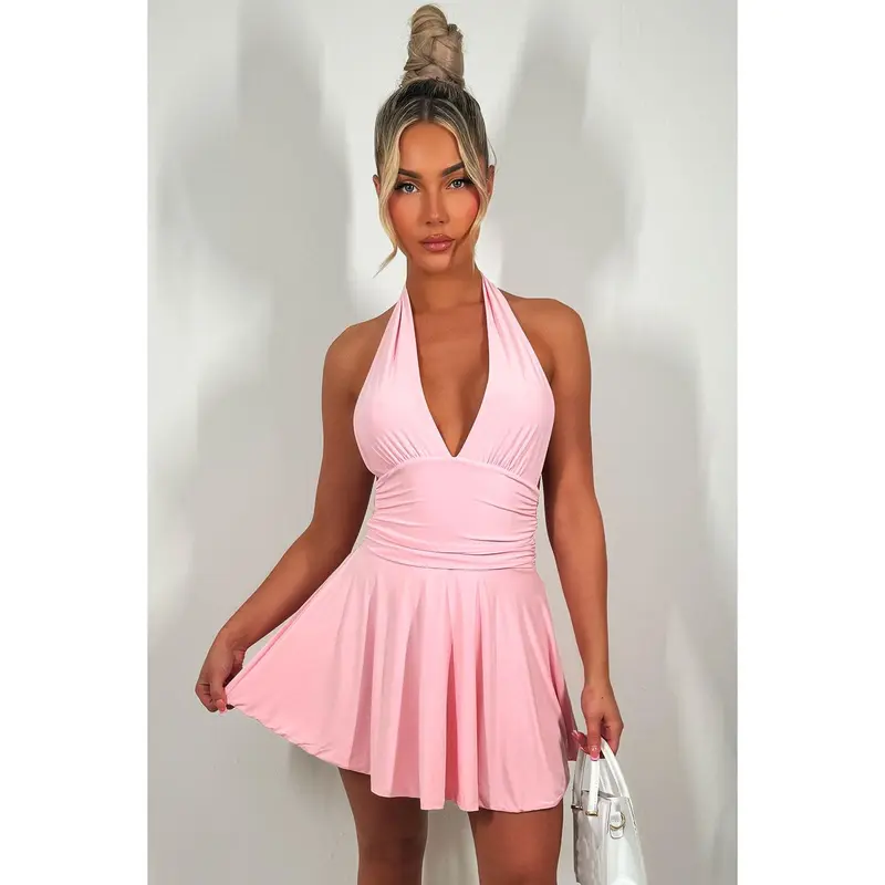 Halter Neck Dress With Open Back Pink 2