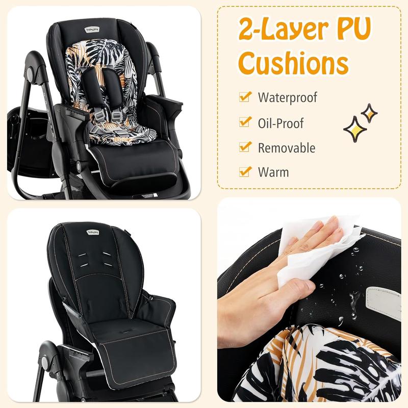 COSTWAY - High Chair for Babies and Toddlers, Adjustable & Folding Baby Highchair with Lockable Wheels, Removable Double Trays, 5 Point Harness, Storage Basket 3