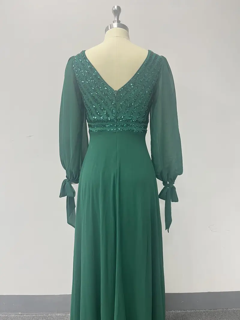 Product Introduction of New long-sleeved lace-up high-quality double V-neck bead splicing chiffon A-shaped large pendulum fully lined party evening dress 12