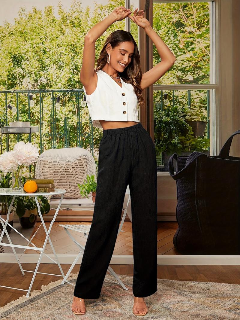 Product Introduction of Elegant Women's Navy Blue Straight-Leg Pants - High-Waisted, Textured Fabric with Elastic Waistband, Machine Washable, All-Season Comfort 5