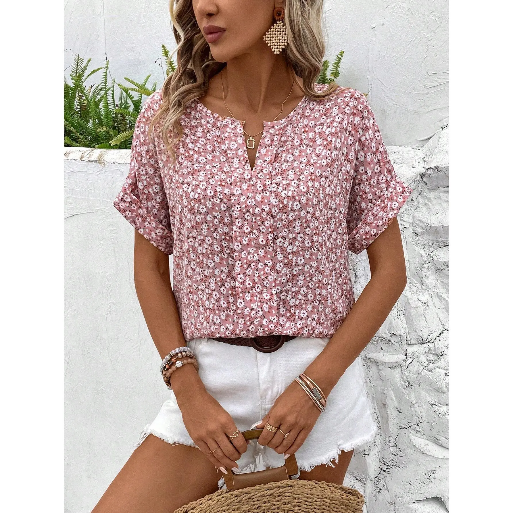 LUNE Romantic Pink Floral Print Women's Shirt Fit Short Shortsleeve Top Womenswear Blouse Polyester Comfort Fabric