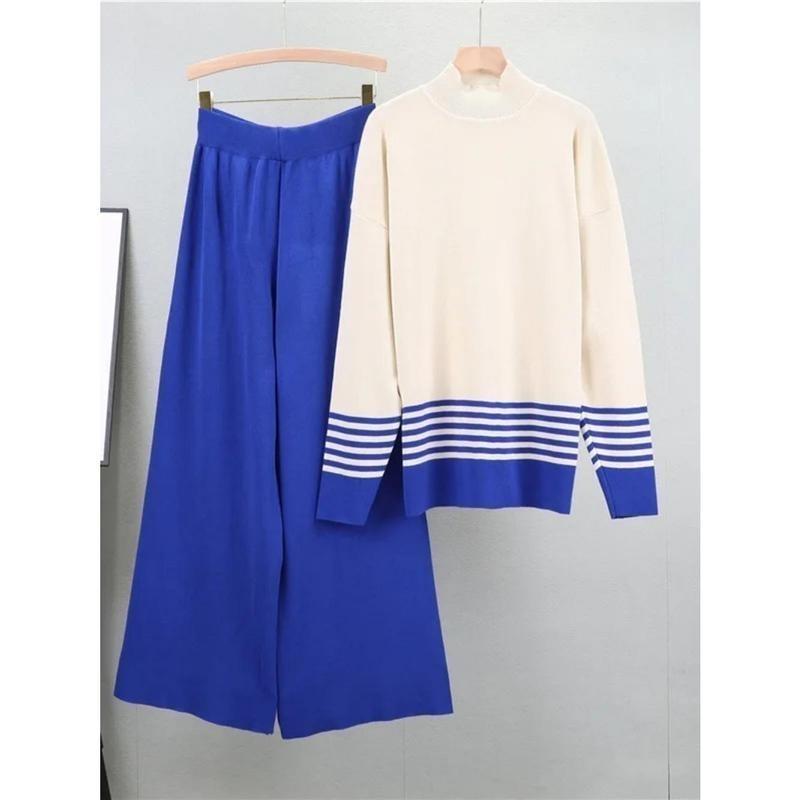 Muslim Knitting Suit Women Two Piece Sets Pullover Striped Sweater Knitted Wide Leg Pants Outfits Casual Knitwear Ensemble 2024 3
