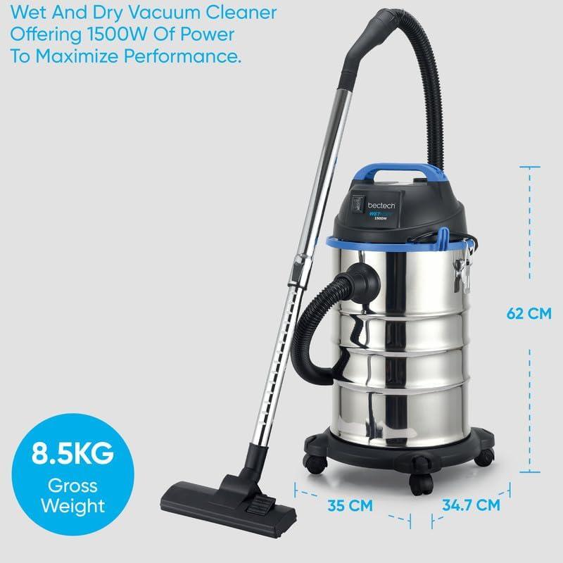 1500W Wet and Dry Vacuum Carpet Cleaner 30 Litre Stainless Steel 4 Castor Wheels 4